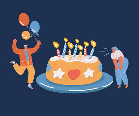 Vector illustration ofpeople celebrating birthday party over dark backround.のイラスト素材