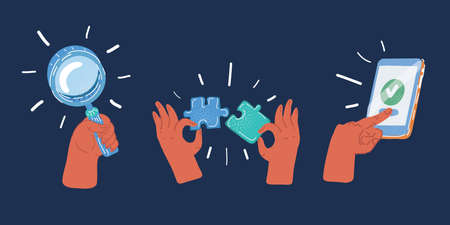 Vector illustration of hand with magnifying glass, puzzle and phone. Education, solvation, searching conceptのイラスト素材