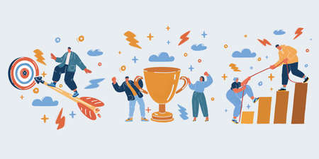 Vector illustration of success people. Man fly on arrow to garget. Team with thropy gold cup, man help woman reach next level.のイラスト素材