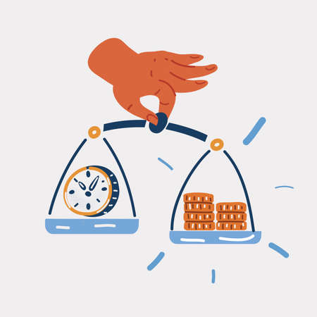 Vector illustration of time and money on scales in hand.のイラスト素材
