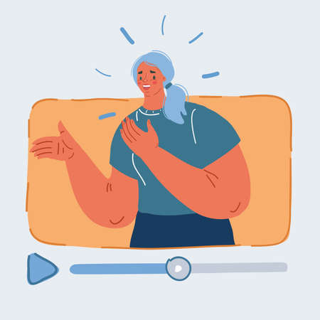 Vector illustration of online video chat app, internet talk, call technology. Video player window with speaking woman. Videoblogger talk.のイラスト素材