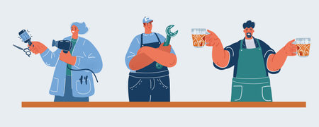 Vector illustration of small business owners. Plumber, pub bartender, hairdresserのイラスト素材