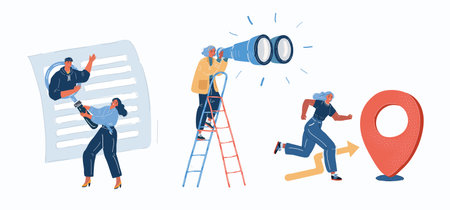 Vector illustration of people looking and focus on problem to find solution, successful business goal achievement. Searching and achieve goals and destination.のイラスト素材