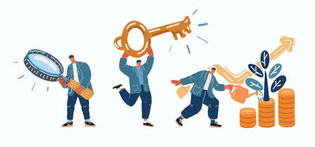 Vector illustration of a man seeks up on a paper plane, achieving a goal, the path to success is motivation, career advancement, search for ideas, teamwork, achieve goalsのイラスト素材