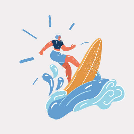 Vector illustration of Surfing. Woman in swimwear in sea or ocean. Surfer in beachwear with surfboards on the wavesのイラスト素材