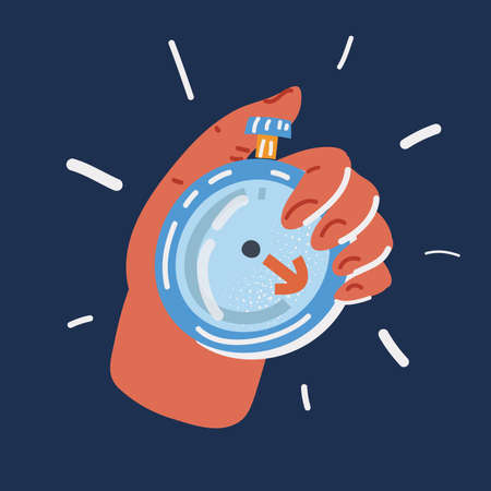 Vector illustration of Time management. Hand holding stopwatch over dark backround