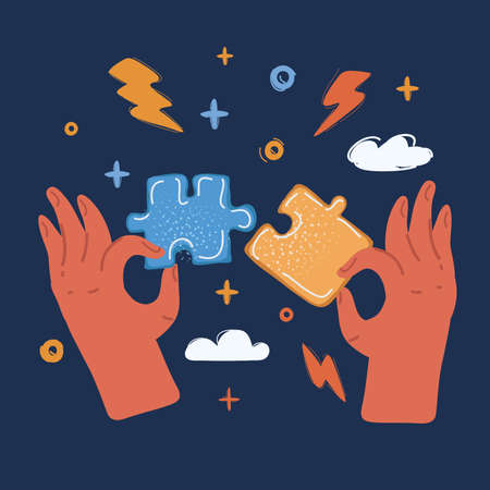 Vector illustration of hands puts proper puzzle together over dark backround.のイラスト素材