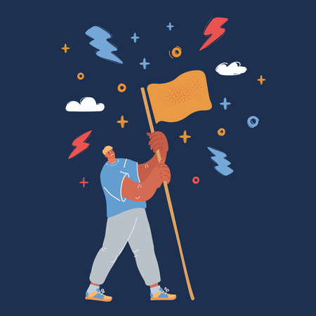 Vector illustration of a young man holding a flag over dark backround.のイラスト素材