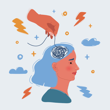 Vector illustration of Womans head, scribbles inside. Concept of inner confusion, difficulty, mess, chaos, chaotic mind. Someone try to help.のイラスト素材
