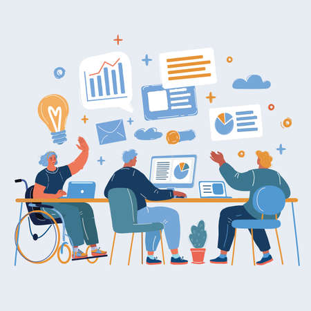 Vector illustration of woman in a wheelchair. Disabled person working brainshtorming at office.のイラスト素材