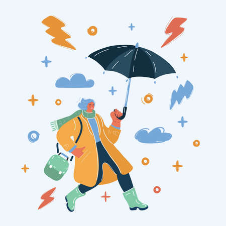 Vector illustration of Woman walk with umbrella, bad weather outsideのイラスト素材