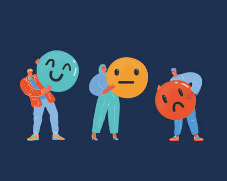 Vector illustration of Customer satisfaction smiles with different emotions. People hold big icon in...