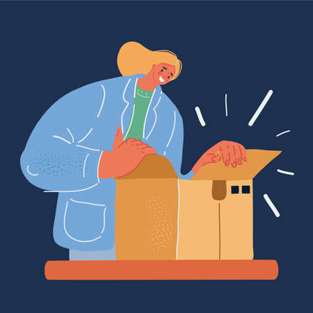Vector illustration of woman openiing package over dark backround.のイラスト素材