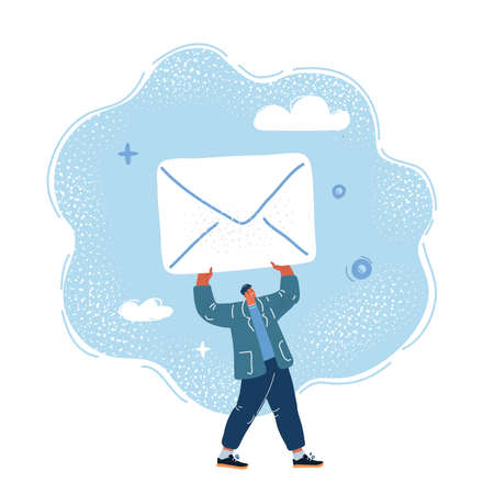 Vector illustration of Tiny person holding big envelope. Concept of email message sending and receivingのイラスト素材