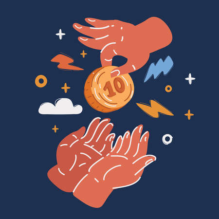 Vector illustration of coins on hand over dark background.のイラスト素材