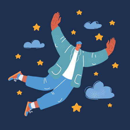 Vector illustration of man flying through starry sky over dark backgroundのイラスト素材