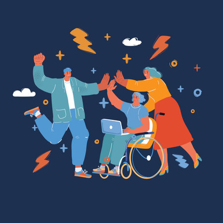 Vector illustration of high five helping to disabled and elderly people. Volunteering concept over dark backgroundのイラスト素材
