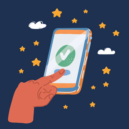 Vector illustration of Smart phone. Hand push and send message in night over dark backgroundのイラスト素材