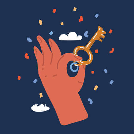 Vector illustration of hand holding the key over dark backgroundのイラスト素材