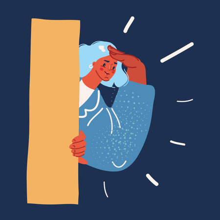 Vector illustration of woman peeks out from behind the wall over dark backround.のイラスト素材