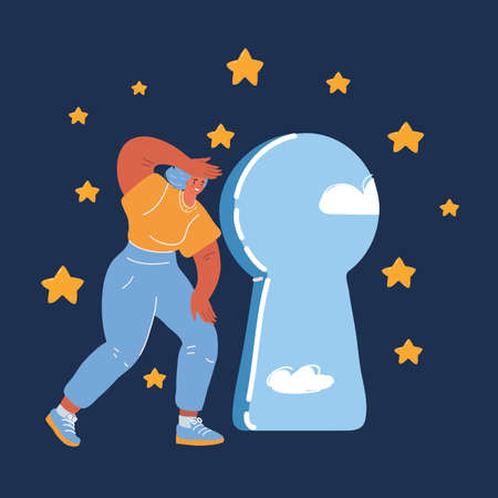 Vector illustration of woman peeping through the keyhole over dark background.のイラスト素材