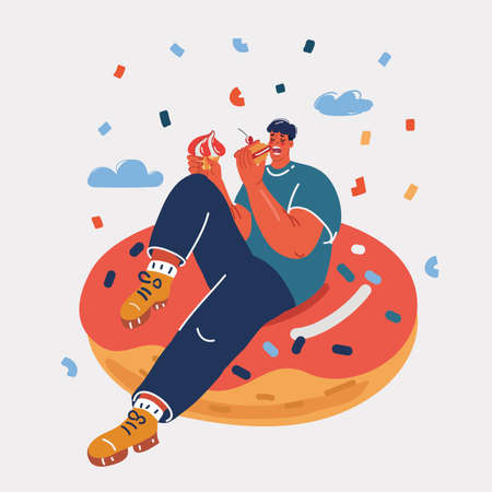 Vector illustration of men eating cake. Man is sitting on a big donut. Sweet tooth concept.のイラスト素材
