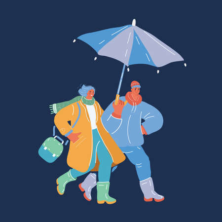 Colorful illustration of Rain man and woman under umbrella over dark backroundのイラスト素材