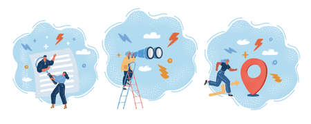 Colorful illustration of woman set. Woman search and reaching location, in path to success and motivation, career advancement, search for ideas, achieve goals, looking for teamのイラスト素材