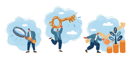 Colorful illustration of man in path to success and motivation, career advancement, search for ideas, achieve goals, watering money, have a key and magnificent glassのイラスト素材