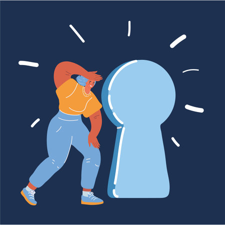 Colorful illustration of woman looking at the keyhole. Watch in secret. Invasion of private life.のイラスト素材