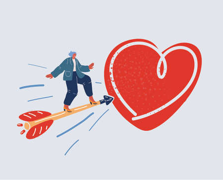 Vector illustration of Valentines day. Woman on arrow flying direct to heart symbolのイラスト素材
