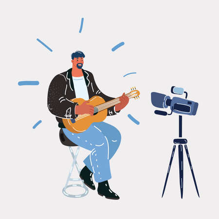 Vector illustration of man playing guitar and recording video with camera. Musician blogger creating content for his musical vlog or channel.のイラスト素材