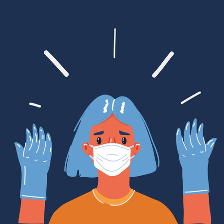 Vector illustration of woman in medicine mask and gloves in her hands over dark background.のイラスト素材