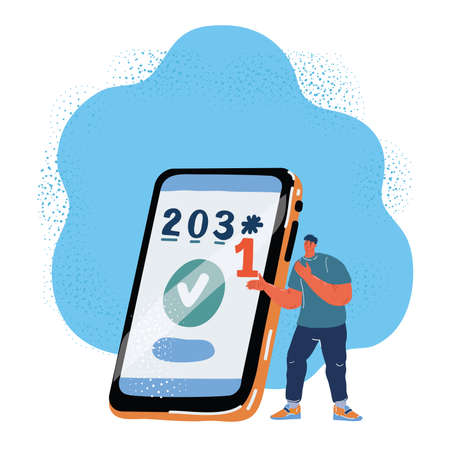 Vector illustration of man using 3d mobile smart phone with pin code on the screen.のイラスト素材