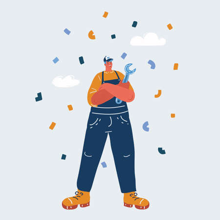 Vector illustration of mechanic holding a huge wrenchのイラスト素材