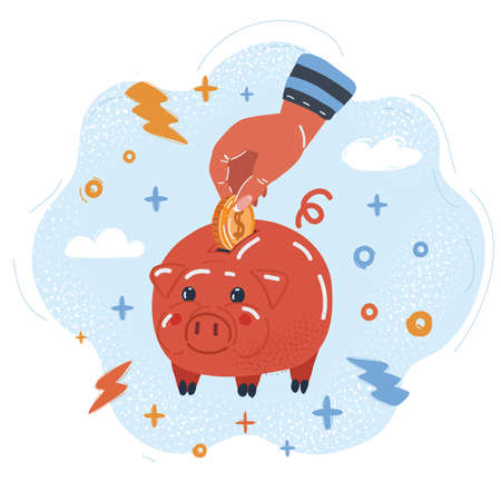Vector illustration of hand put gold coin in Piggy Bankのイラスト素材