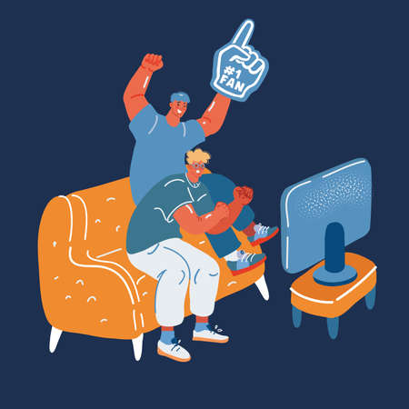Vector illustration of friends fans sitting on couch and watch sport tv show over dark backroundのイラスト素材