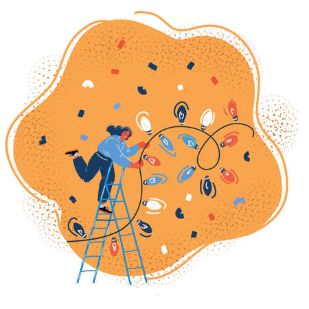 Vector illustration of girl keeps garland with bulblights.のイラスト素材