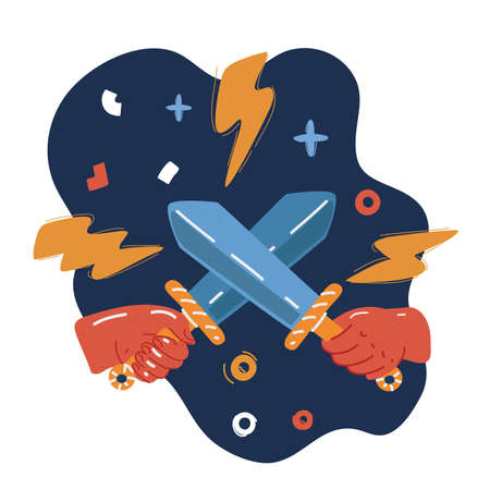 Vector illustration of two hand fighting with sword over dark backgroundのイラスト素材