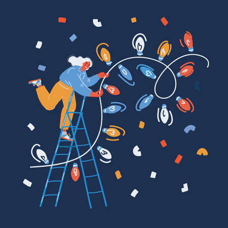 Vector illustration of Woman decorating room with shining garlands over dark backgroundのイラスト素材