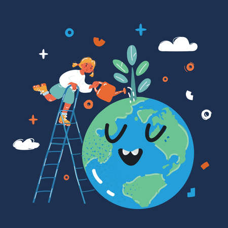 Cartoon vector illustration of girl watering plantのイラスト素材