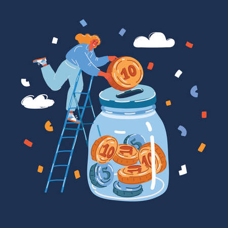 Cartoon vector illustration of business, finance, saving, banking concept. Tiny woman putting coin money into glass jarのイラスト素材