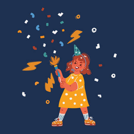 Cartoon vector illustration of Cute c girl playing with sparkler fireworks and celebratingのイラスト素材