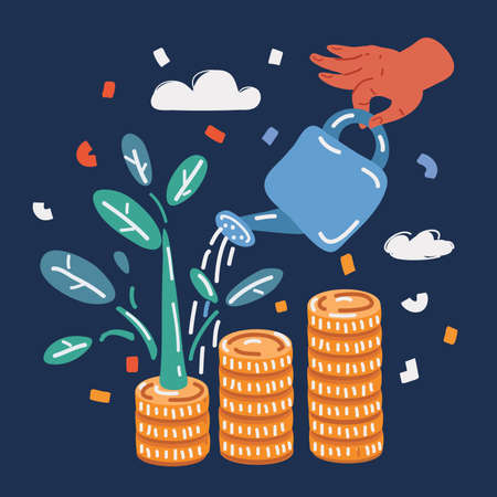 Cartoon vector illustration of Donations. Watering hand water stack of coinのイラスト素材