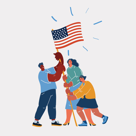 Vector illustration of Group of People Waving American Flags over blue skyのイラスト素材