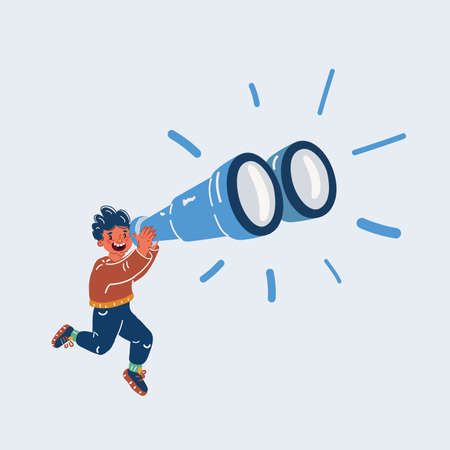 Vector illustration of Happy and curious little boy kid looking through binoculars and jumpのイラスト素材