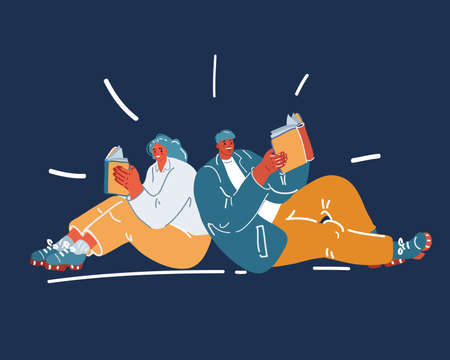 Vector cartoon illustration of Book festival concept people reading a open book.