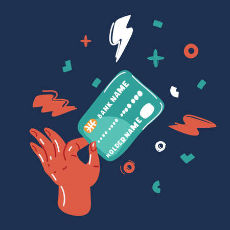 Cartoon vector illustration of Hand holding credit card. Shopping and lifestyle concept over dark backgroundのイラスト素材