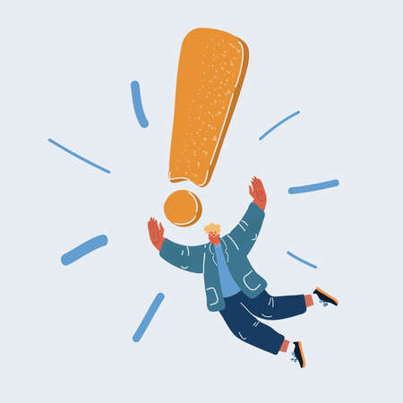 Cartoon vector illustration of man fly with exclamation mark.