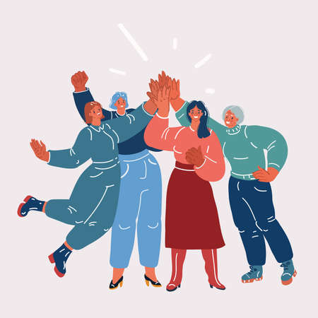 Cartoon vector illustration of Excited happy female community giving high five to each other,...